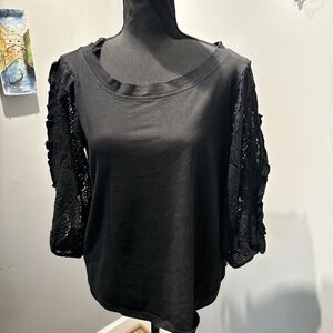 By Anthropologie‎ Womens Sz M Black Top Nina Puff Lace Sleeve